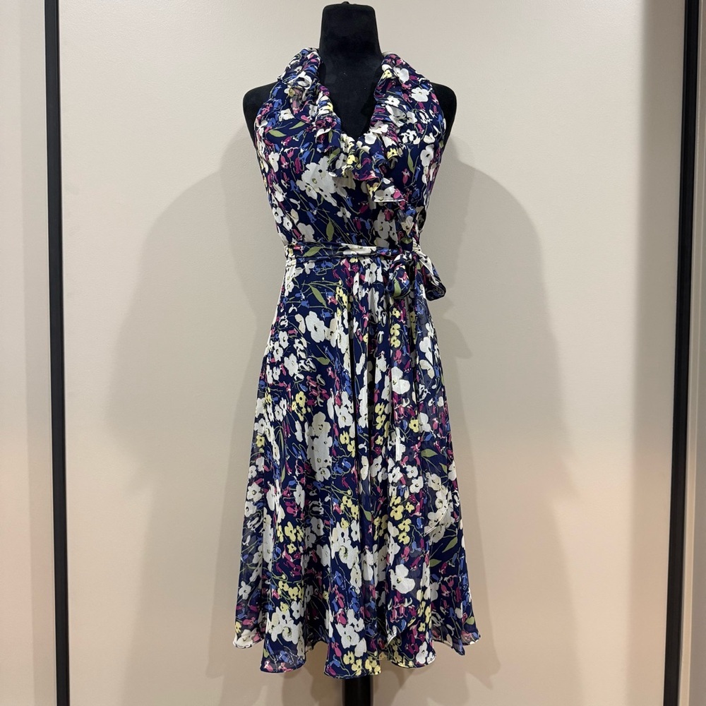 Lauren Ralph Lauren Navy Floral Chiffon Wrap Midi Dress